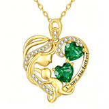 10K 14K 18K Gold Double Birthstone Heart Mother Son/Daughter Pendant Necklace for Mom