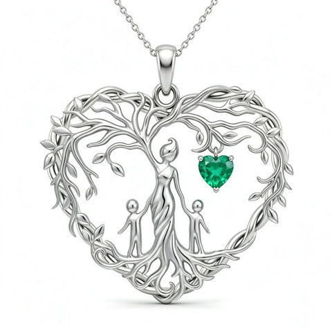 Sterling Silver Heart Pendant Birthstone Tree of Life Mother Child Family Necklace
