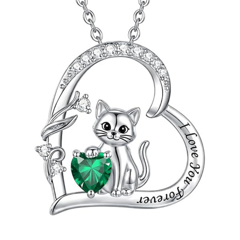 Sterling Silver Birthstone Cat Pendant Necklace Jewelry Christmas Birthday Gifts for Women