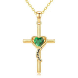 14K Gold Plated Dainty Heart Birthstone Pendant Cross Necklace for Women Religious Gift