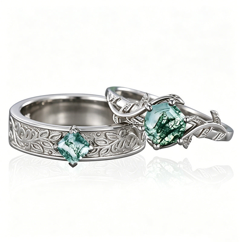 Sterling Silver 10K 14K 18K Gold Natural Leaf  Moss Agate Engagement Anniversary Couple Ring Sets