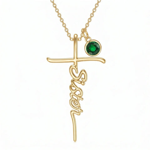 14K Gold Plated Birthstone Sister Cross  Pendant Necklace