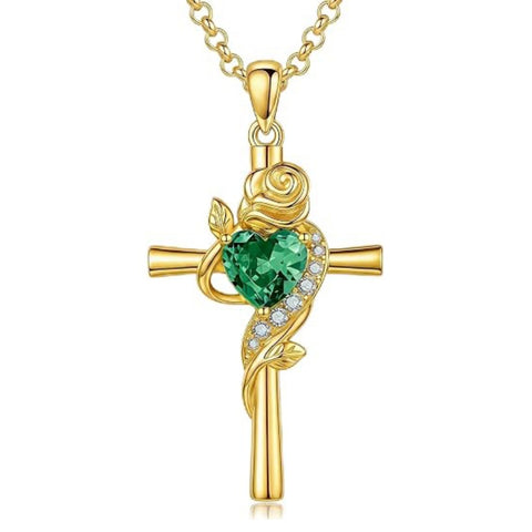 14K Gold Plated Birthstone Rose Cross Necklace for Women Faith Jewelry Gift
