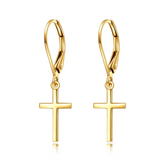 14K Solid Gold Cross Dangle Drop Leverback Earrings Jewelry for Women