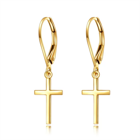 14K Gold Cross Leverback Earrings