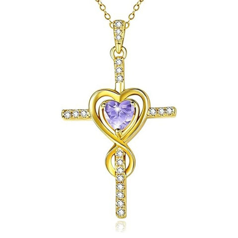 14K Gold Plated Dainty Heart Birthstone Pendant Cross Necklace for Women Religious Gift