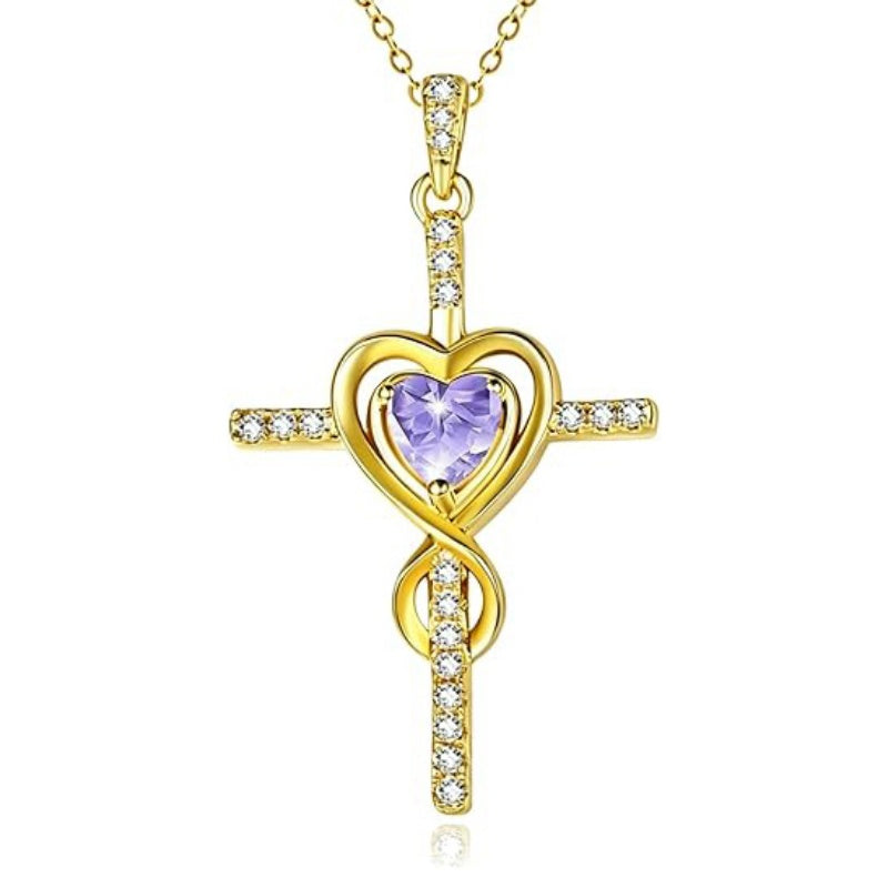 14K Gold Plated Dainty Heart Birthstone Pendant Cross Necklace for Women Religious Gift