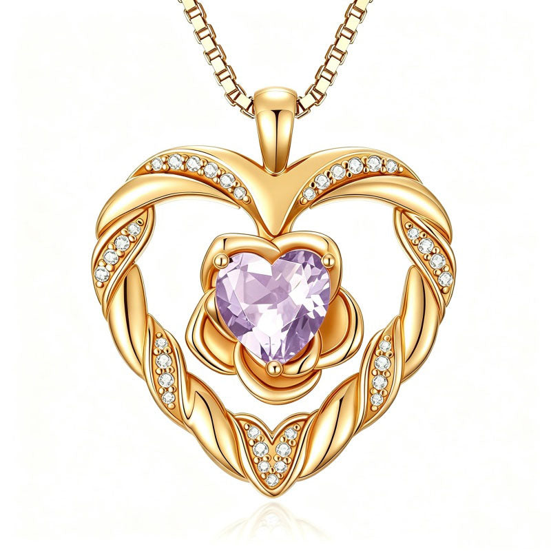 14K Gold Plated  Birthstone Rose Flower Heart Necklaces for Women  Birthday Christams Valentine's Day Jewelry Gift