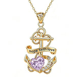 14K Gold Plated Heart Birthstone Anchor Necklace Engraved with Hope Faith Love