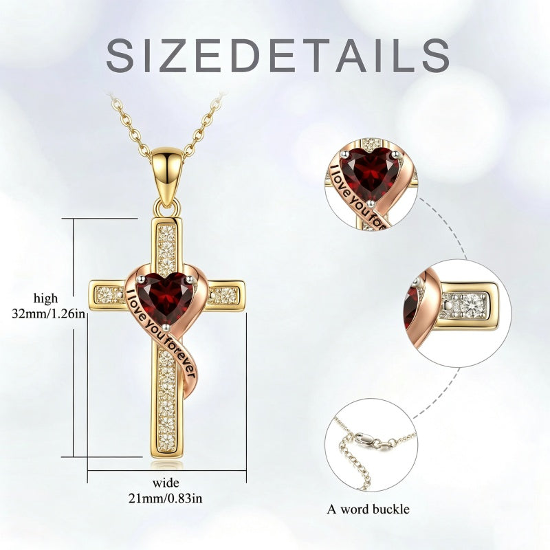 14K Gold Plated  Birthstone Cross Necklace Engraved I Love You Forever