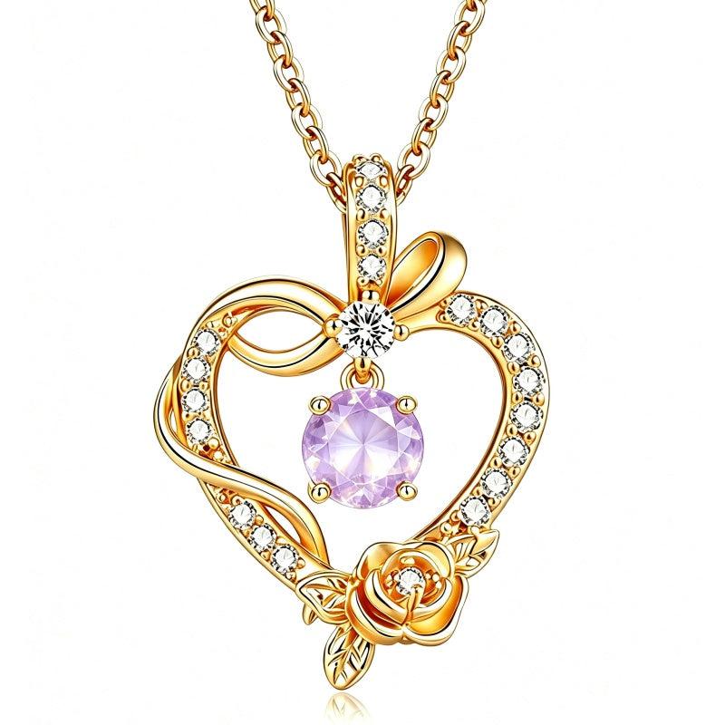 14K Gold Plated Round Birthstone Rose Flower Pendant Necklace for Women