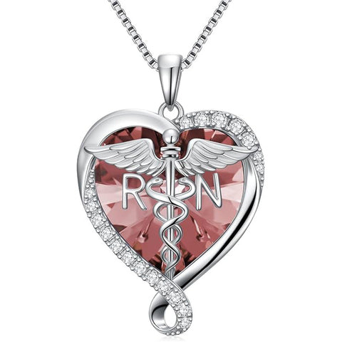 Sterling Silver Birthstone RN Medical Caduceus Pendant Necklace