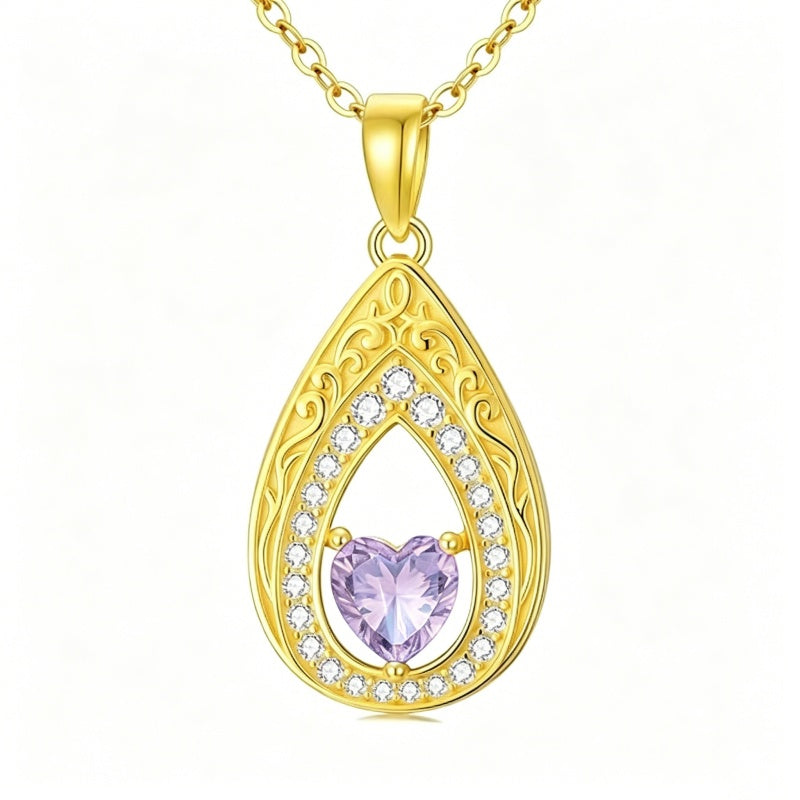 Vintage Teardrop Birthstone 14K Yellow Gold Plated Pendant Necklace for Women