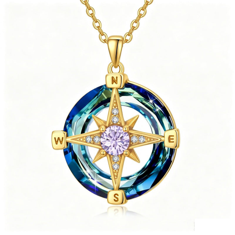14K Gold Plated Crystal Compass Pendant Necklace Graduation Jewelry Inspirational Travel Valentine's Day Gift