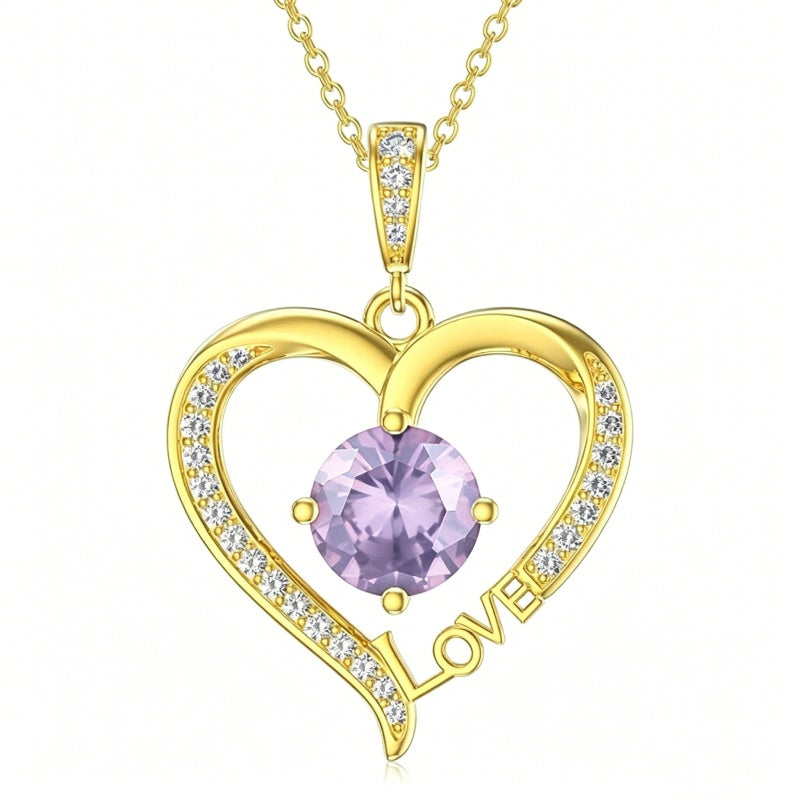14K Gold Plated  12 Months Heart Birthstone Pendant Necklace Birthday Wedding Anniversary Jewelry Gifts for Women