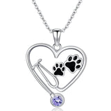 Sterling Silver Birthstone Veterinary& Dog Paw  Pendant Necklace