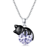 Sterling Silver Birthstone Black Cat Pendant Necklace