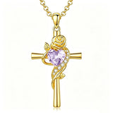 14K Gold Plated Birthstone Rose Cross Necklace for Women Faith Jewelry Gift