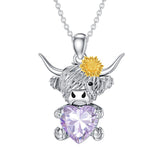 Sterling Silver Heart Birthstone Highland Cow Pendant Necklace