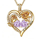 14K Gold Plated Double Heart Birthstone Rose Pendant Necklace for Women