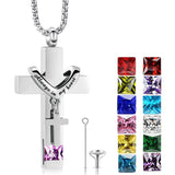 Stainless Steel Birthstones Cross Urn Necklaces for Ashes