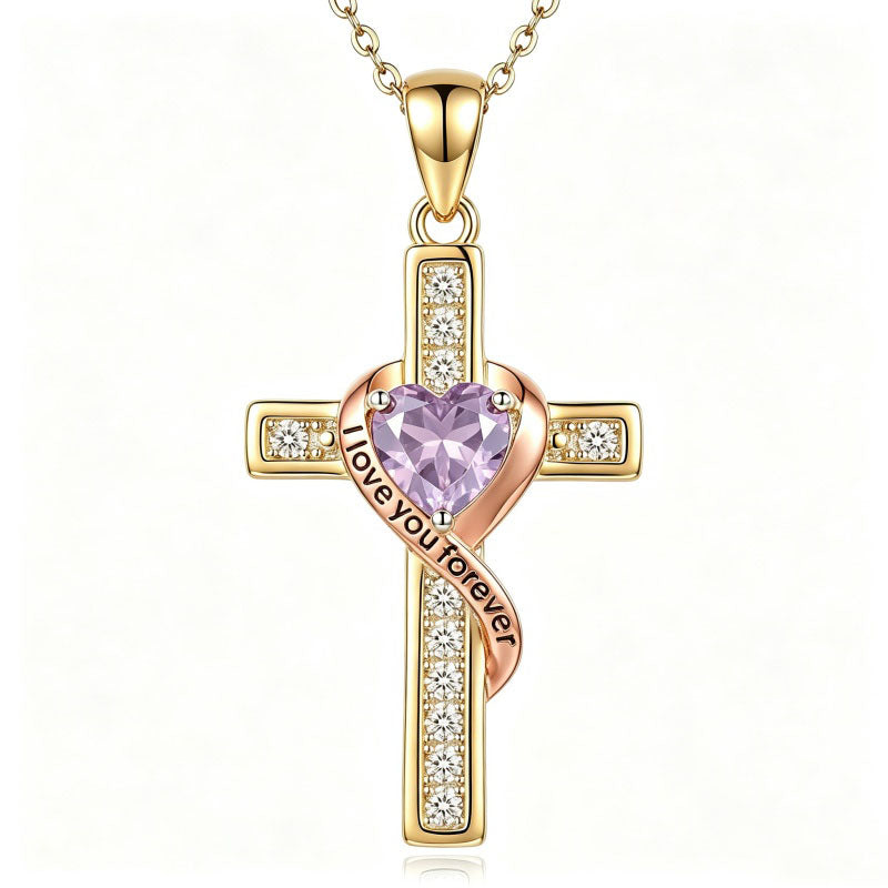 14K Gold Plated  Birthstone Cross Necklace Engraved I Love You Forever