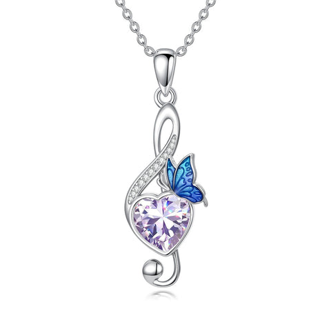 Sterling Silver Birthstone Music Note Butterfly Treble Clef Pendant Necklace