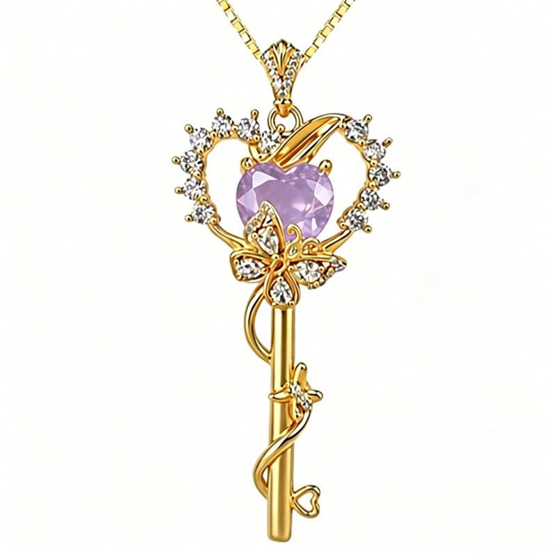 Birthstone Infinity Heart 14K Gold Plated Butterfly Key Pendant Necklace Gift for Her