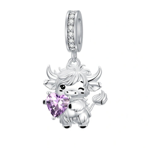 Sterling Silver 12 Month Birthstone Highland Cow Charm Beads