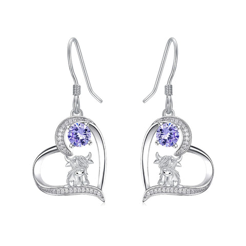 Sterling Silver Birthstone Highland Cow Dangle Earrings