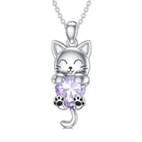 Sterling Silver Heart Birthstone Cat Pendant Necklace