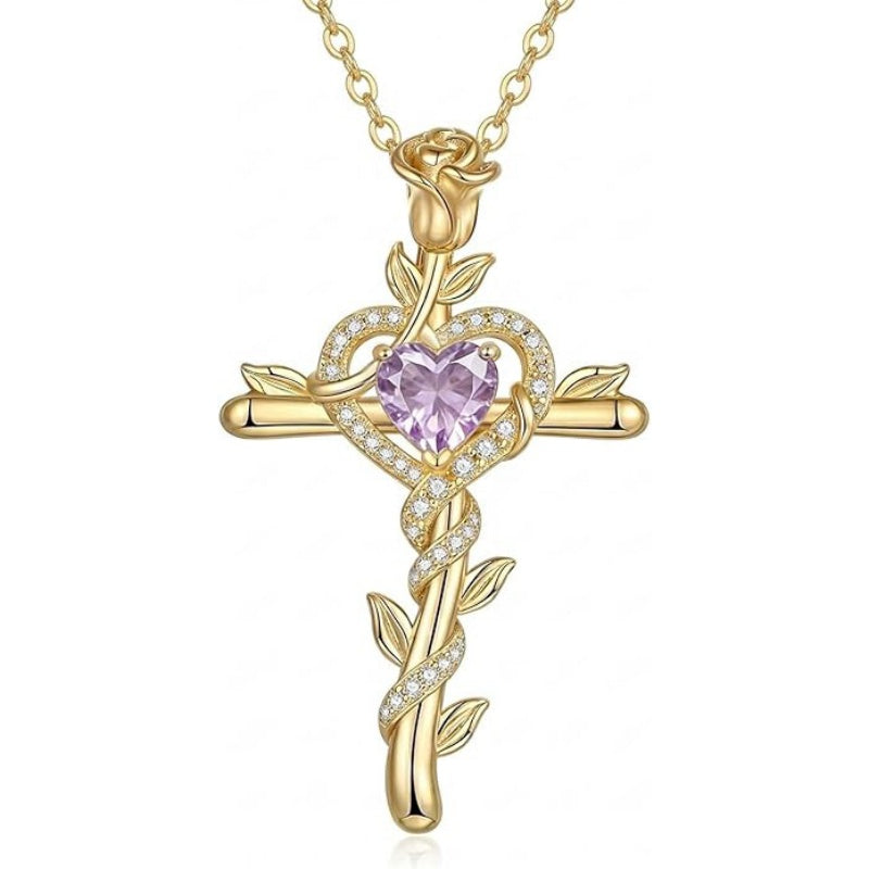 14K Gold Plated Heart Birthstone Rose Cross  Pendant Necklace  Religious Christian Jewelry for Women