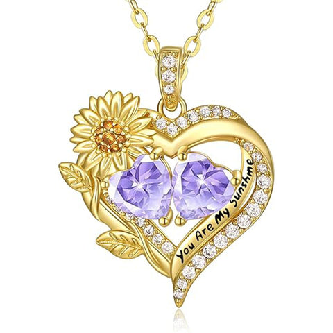 Sterling Sliver Birthstone Love Heart & Sunflower Pendant Necklace Engraved With You Are My Sunshine