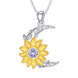 Sterling Silver Birthstone Sunflower & Moon Pendant Necklace