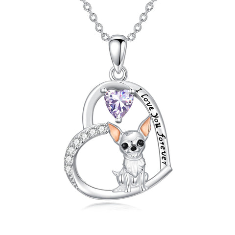 Sterling Silver 12 Month Birthstone Schnauzer Chihuahua Pitbull Pug Pendant Necklace for Women