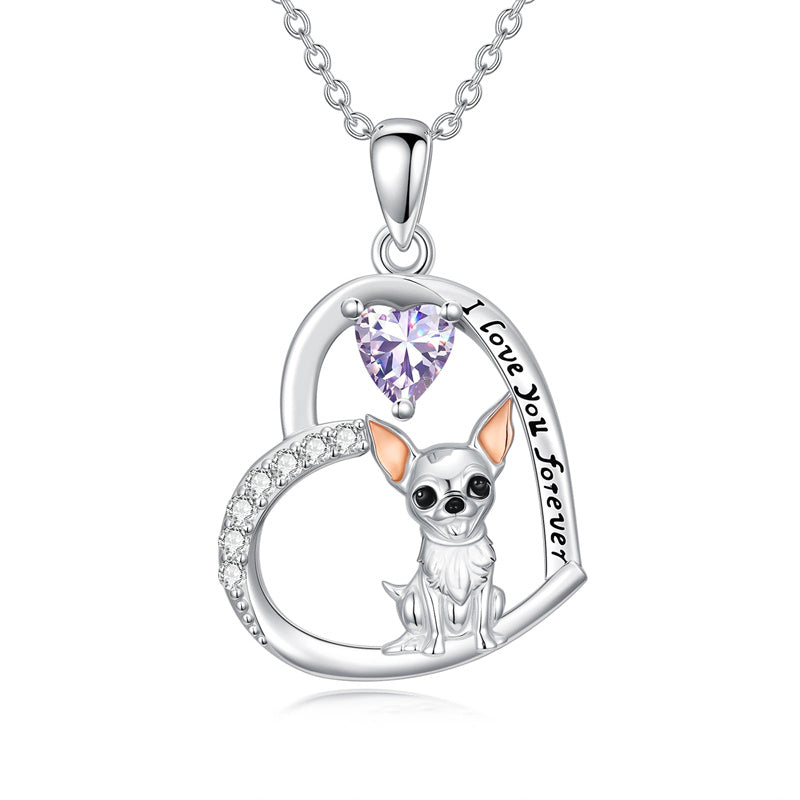 Sterling Silver 12 Month Birthstone Schnauzer Chihuahua Pitbull Pug Pendant Necklace for Women