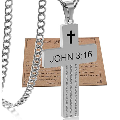 Stainless Steel Bible Verse Cross Necklace for Men with Cuban Chain