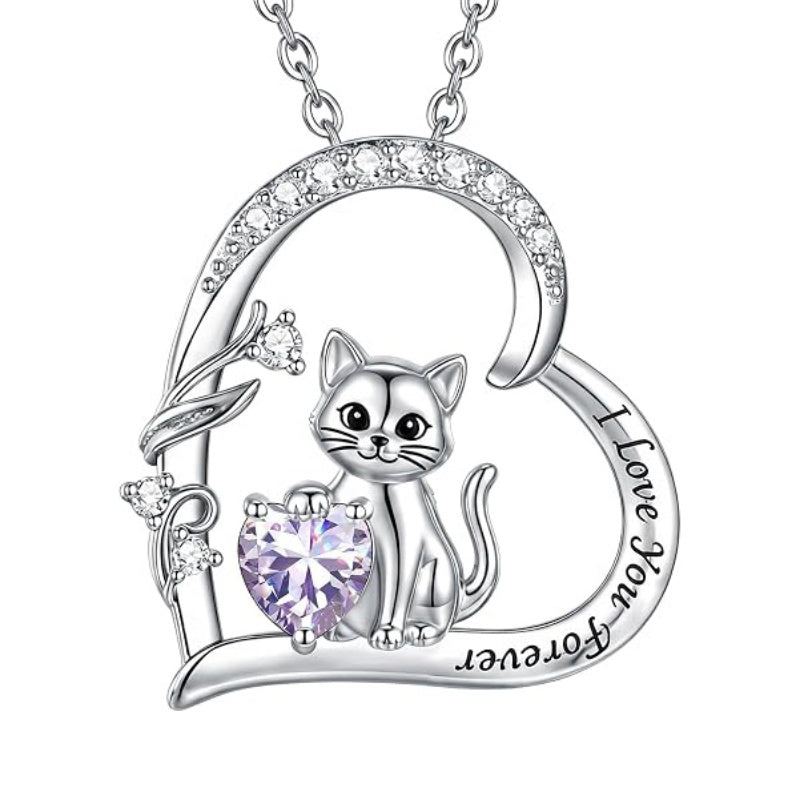 Sterling Silver Birthstone Cat Pendant Necklace Jewelry Christmas Birthday Gifts for Women
