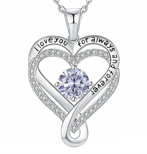 Sterling Silver 12 Month Birthstone Double Heart Pendant Necklace  Engraved with I Love You for Always and Forever