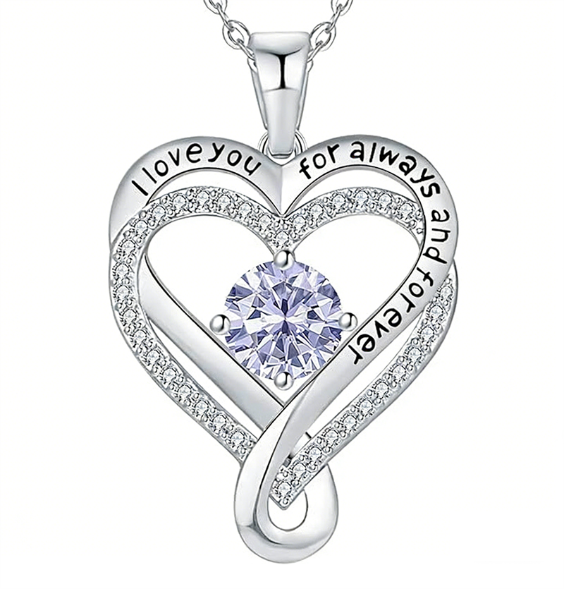 Sterling Silver 12 Month Birthstone Double Heart Pendant Necklace  Engraved with I Love You for Always and Forever