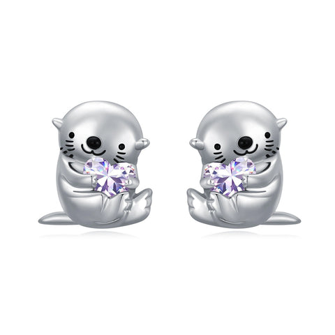 Sterling Silver Birthstone Otter Stud Earrings