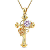 14K Gold Plated Heart Shape Birthstone Rose Flower Cross Necklace for Women  Religious Christian Jewelry