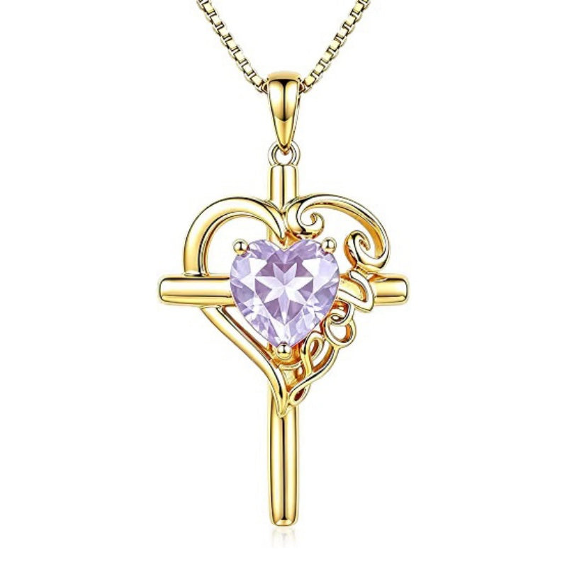 14K Gold  Plated Heart Shape Birthstone  Love Cross Necklace for Women Religious Jewelry