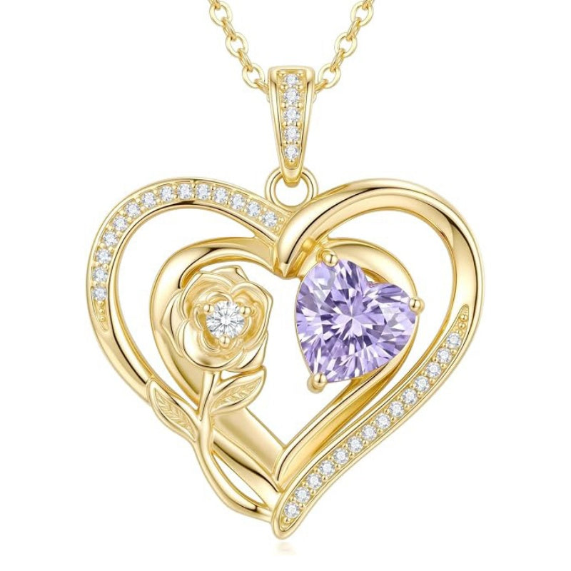 14K Gold Plated Birthstone Rose Heart Birthstone Necklace for Women