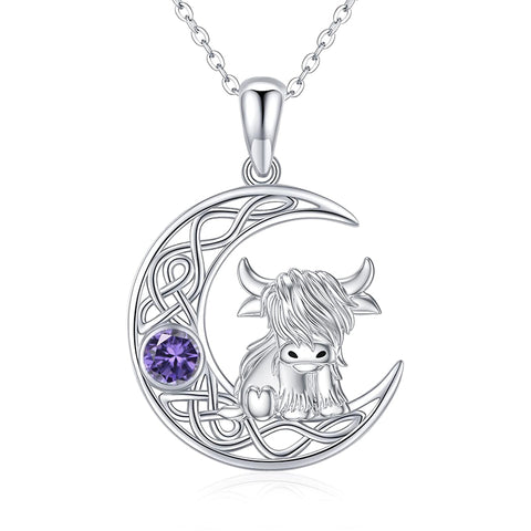 Sterling Silver 12 Months Birthstone Highland Cow Pendant Necklace