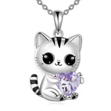 Silver Cat 12 Month Birthstone Pendant Necklace