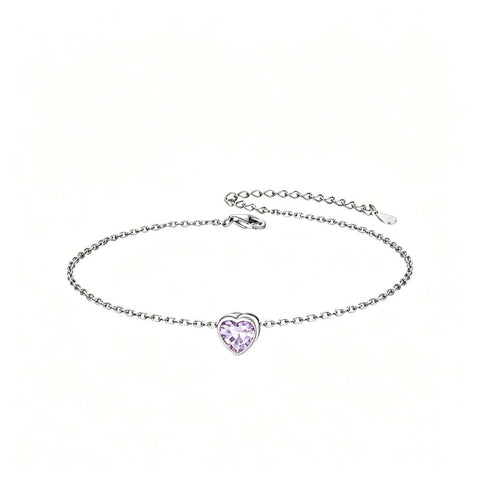 Sterling Silver Simple Dainty Round Heart Birthstone Single Layer Charm Anklet