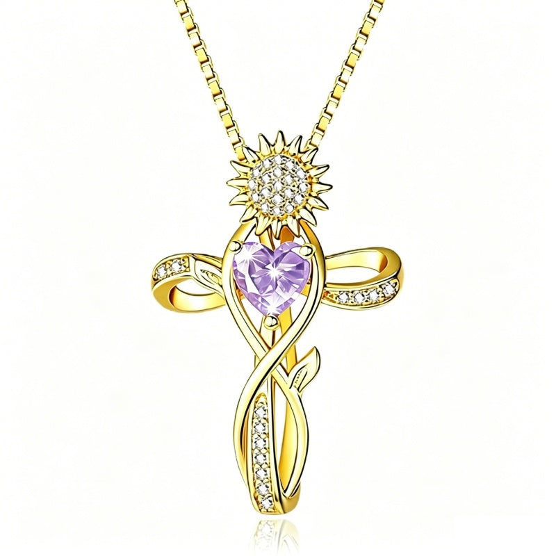 14K  Gold Plated 12 Color Birthstone Sunflower Cross Pendant  Necklace for Women Faith Cross Jewelry