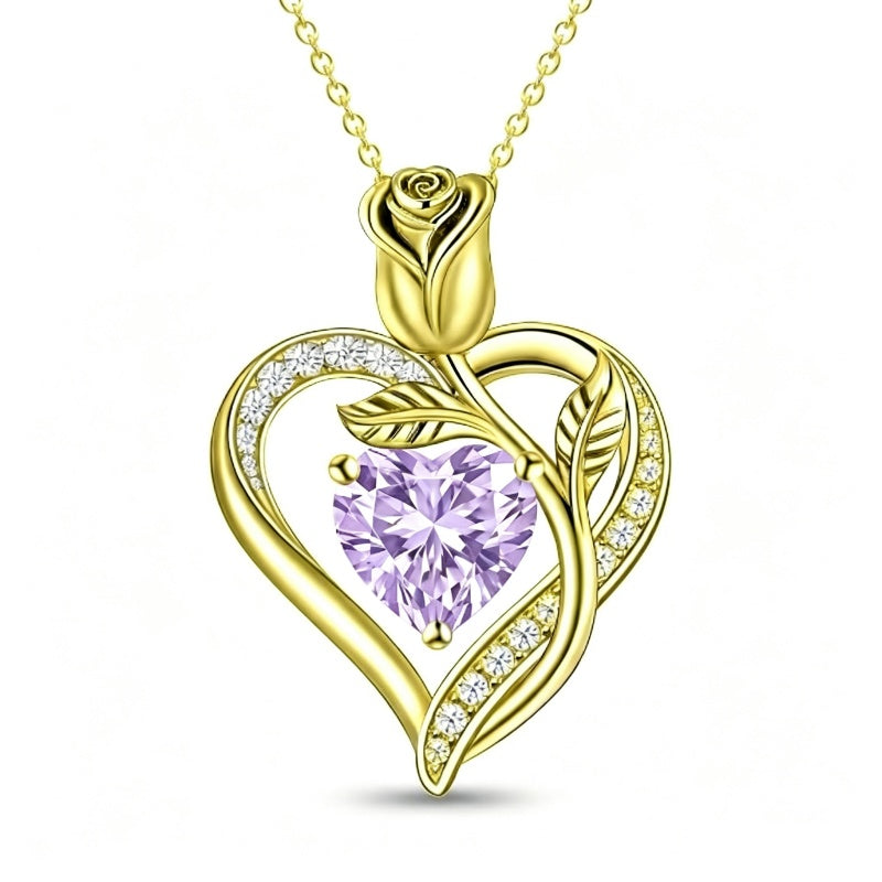 14K Gold Plated 12 Months Birthstone Rose Flower Pendant Necklace Anniversary Birthday Gift