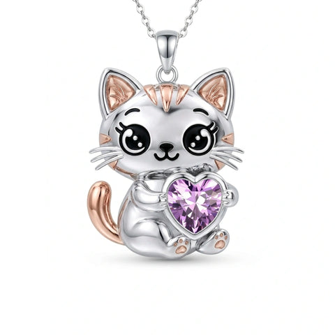 Sterling Silver 12 Month Birthstone Cat Pendant Necklace Birthstone Jewelry Gifts for Birthday